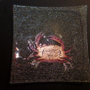 Jones Glassworks 2003 Fused Glass Copper Crab Art Glass Plate 8”